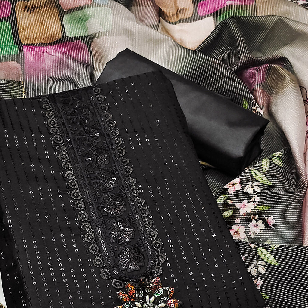 Black Floral Sequins Embroidered Cotton Silk Dress Material