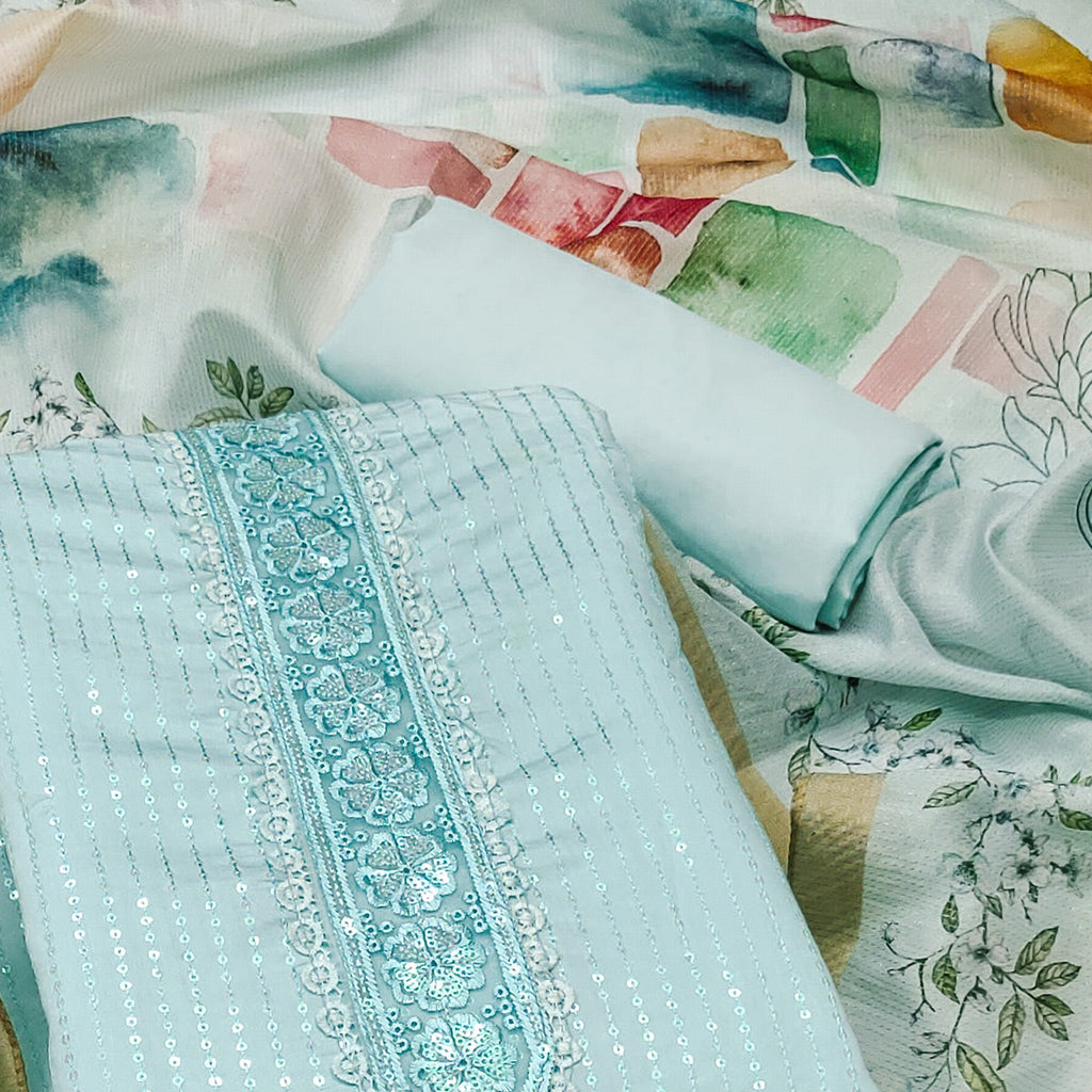 Blue Floral Sequin Embroidered Cotton Silk Dress Material