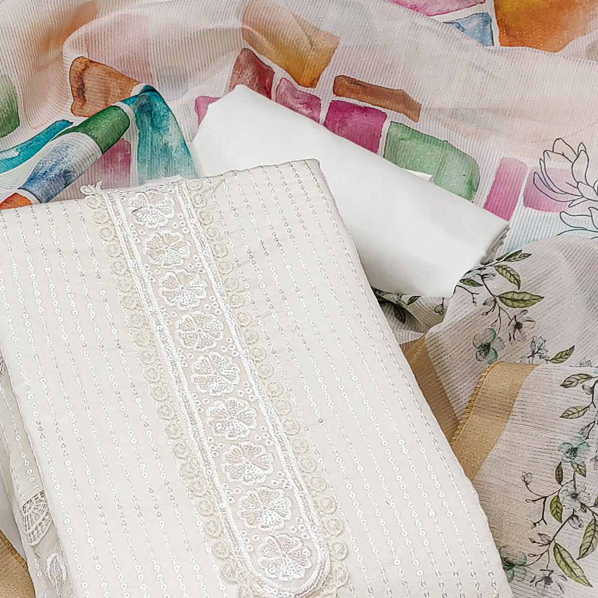 Offwhite Floral Sequins Embroidered Cotton Silk Dress Material