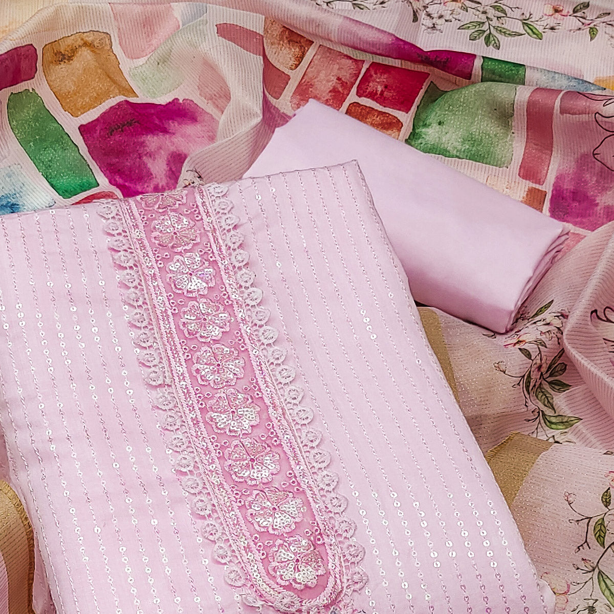 Pink Floral Sequin Embroidered Cotton Silk Dress Material