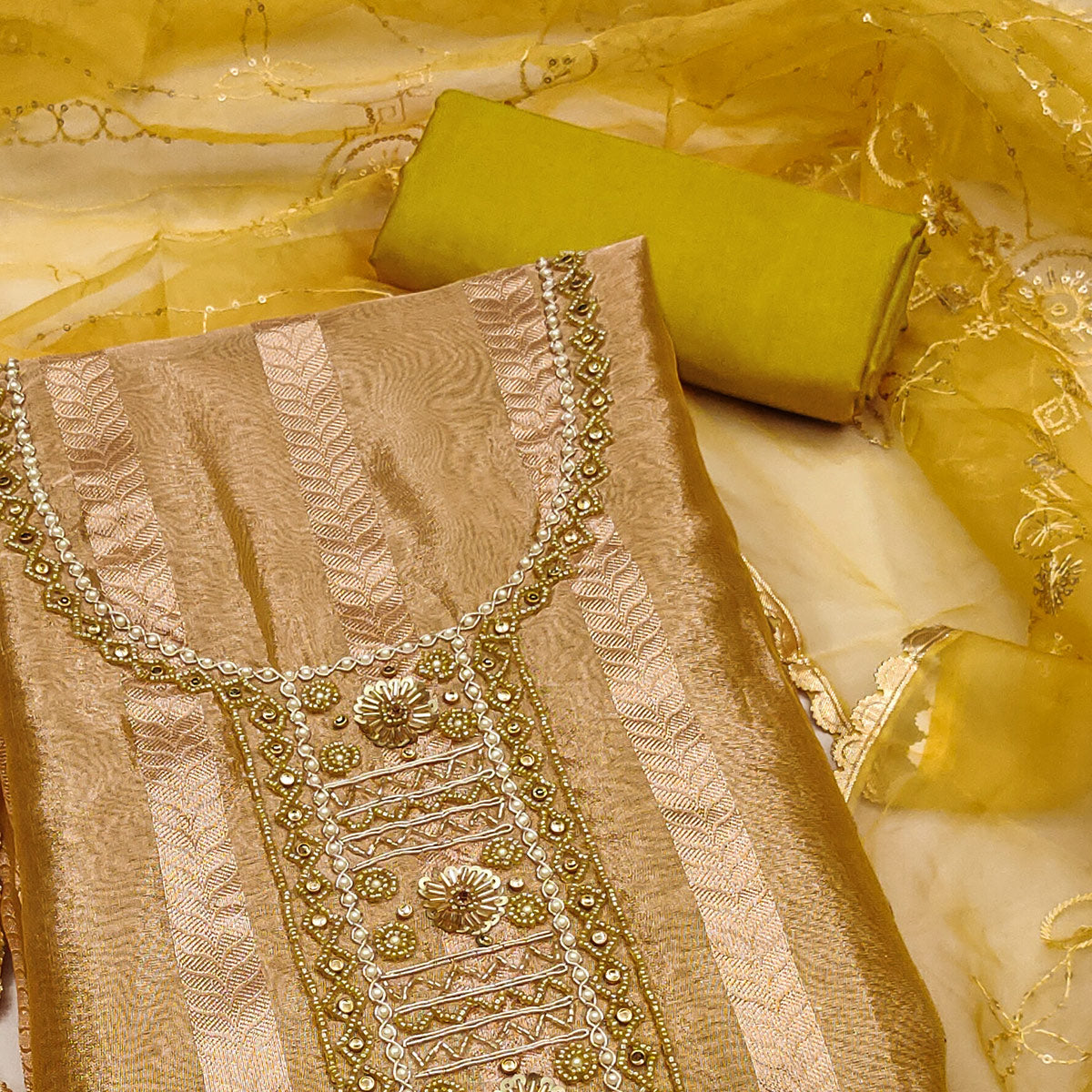 Green Sequins Hand Embroidery Organza Dress Material