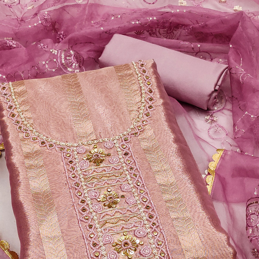 Mauve Sequins Hand Embroidery Organza Dress Material