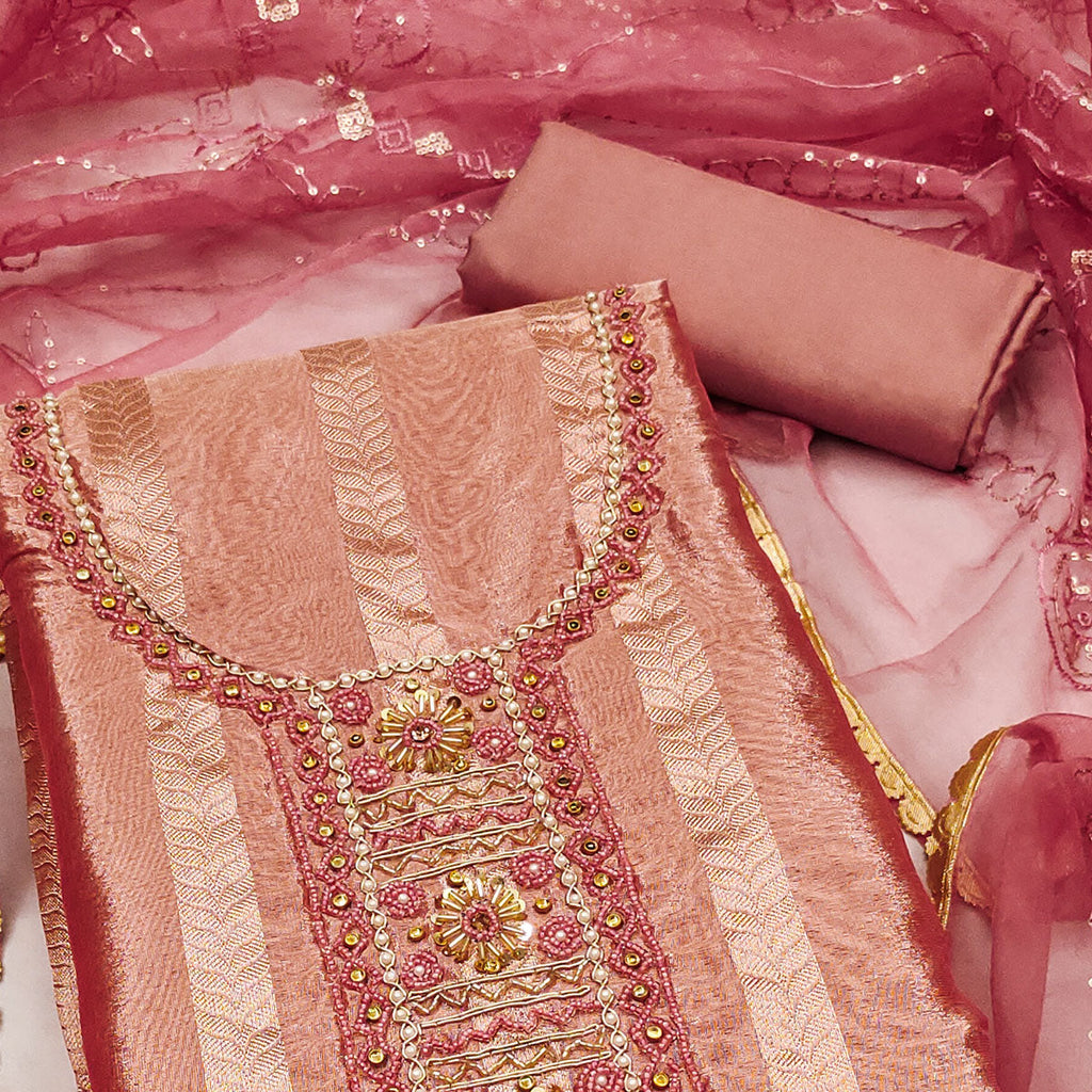 Peach Sequins Hand Embroidery Organza Dress Material