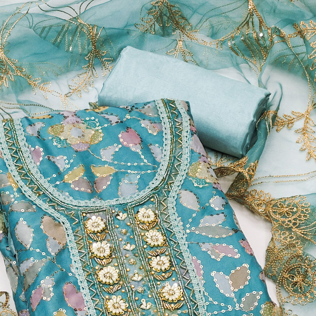 Blue Floral Sequins Embroidery Organza Dress Material