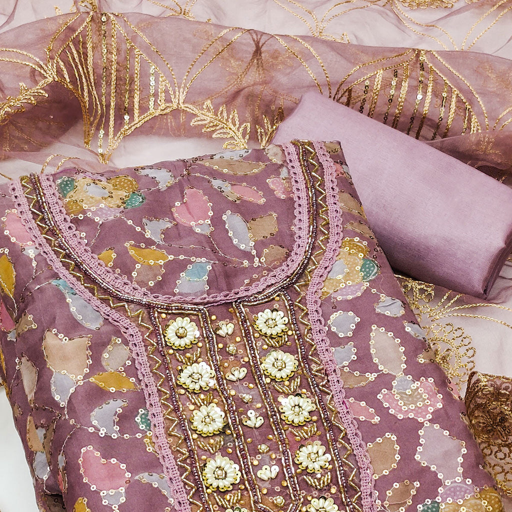 Mauve Floral Sequins Embroidery Organza Dress Material
