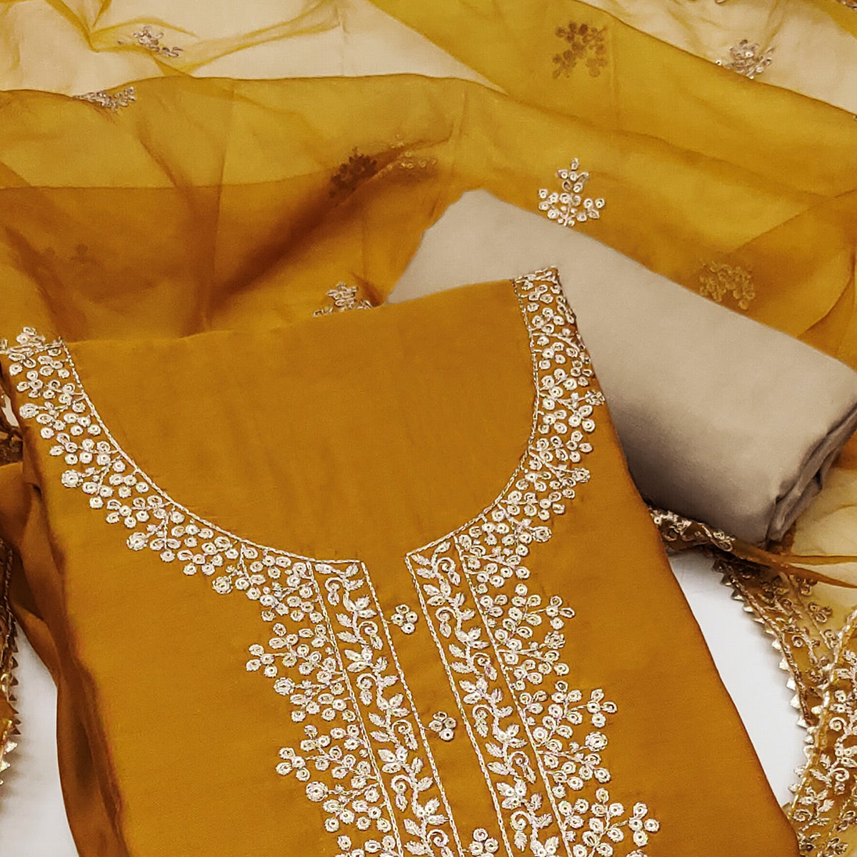Mustard Sequins Embroidered Cotton Silk Dress Material