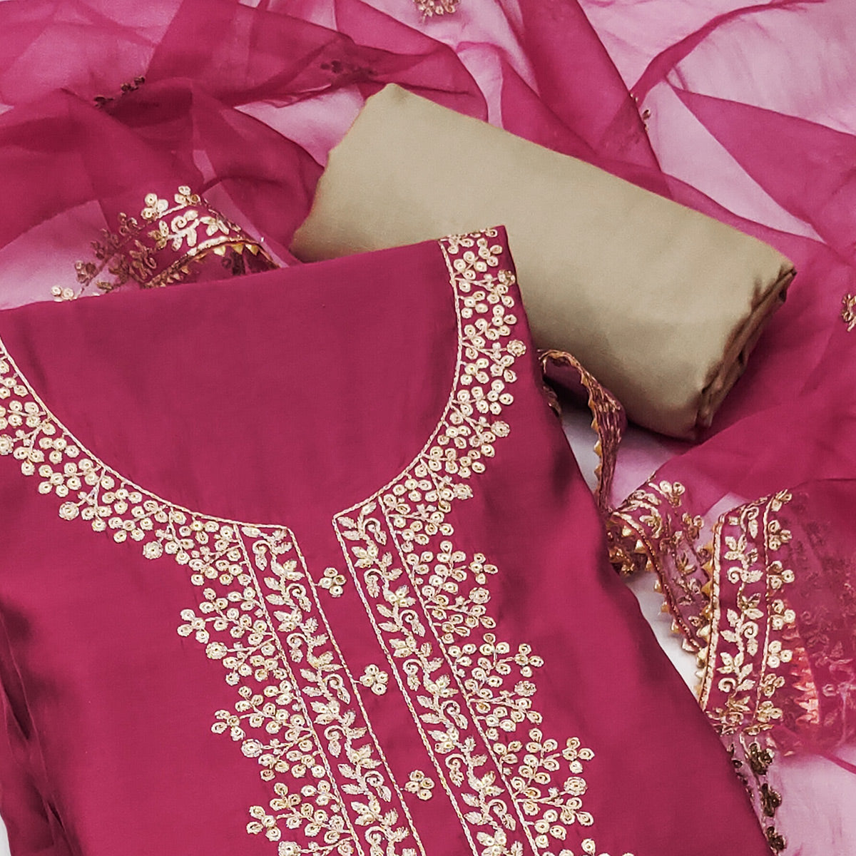 Pink Sequins Embroidered Cotton Silk Dress Material