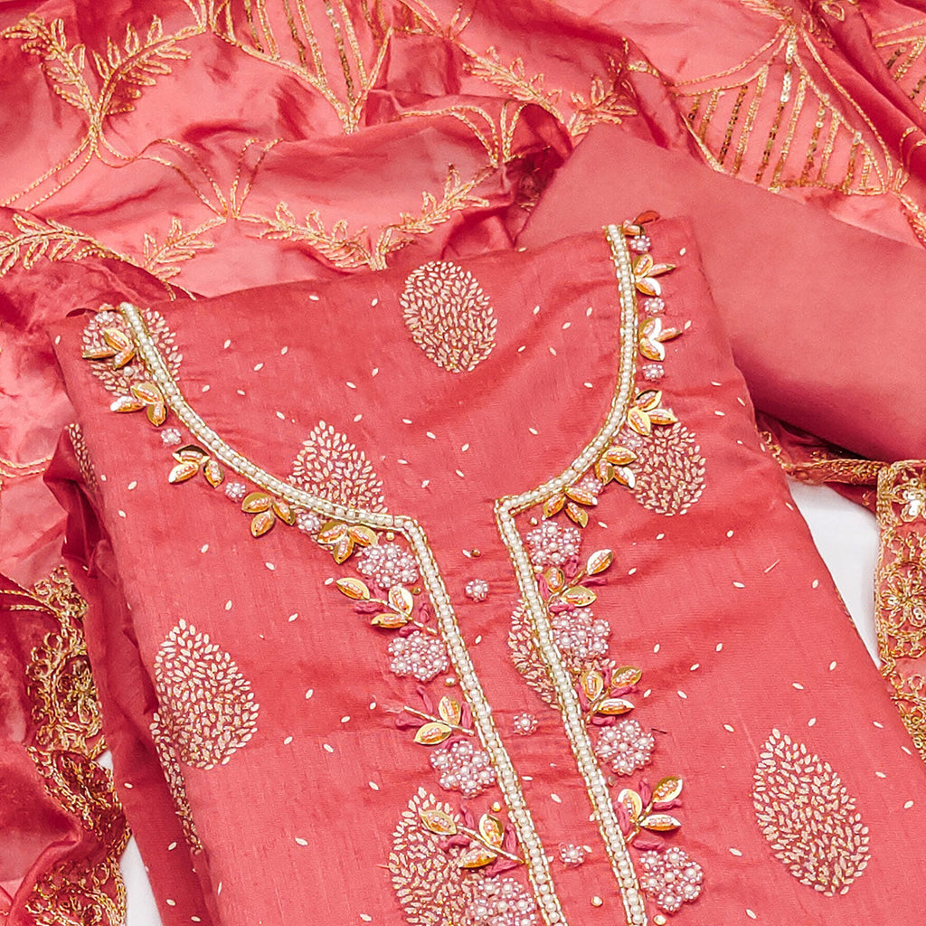 Peach Printed With Hand Embroidered Chanderi Silk Dress Material