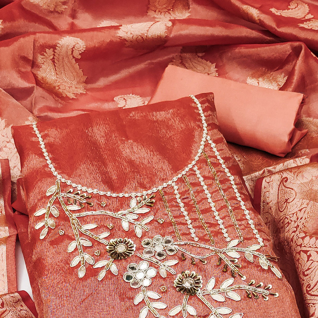 Dark Peach Floral Moti With Gota Patti Handwork Viscose Dress Material