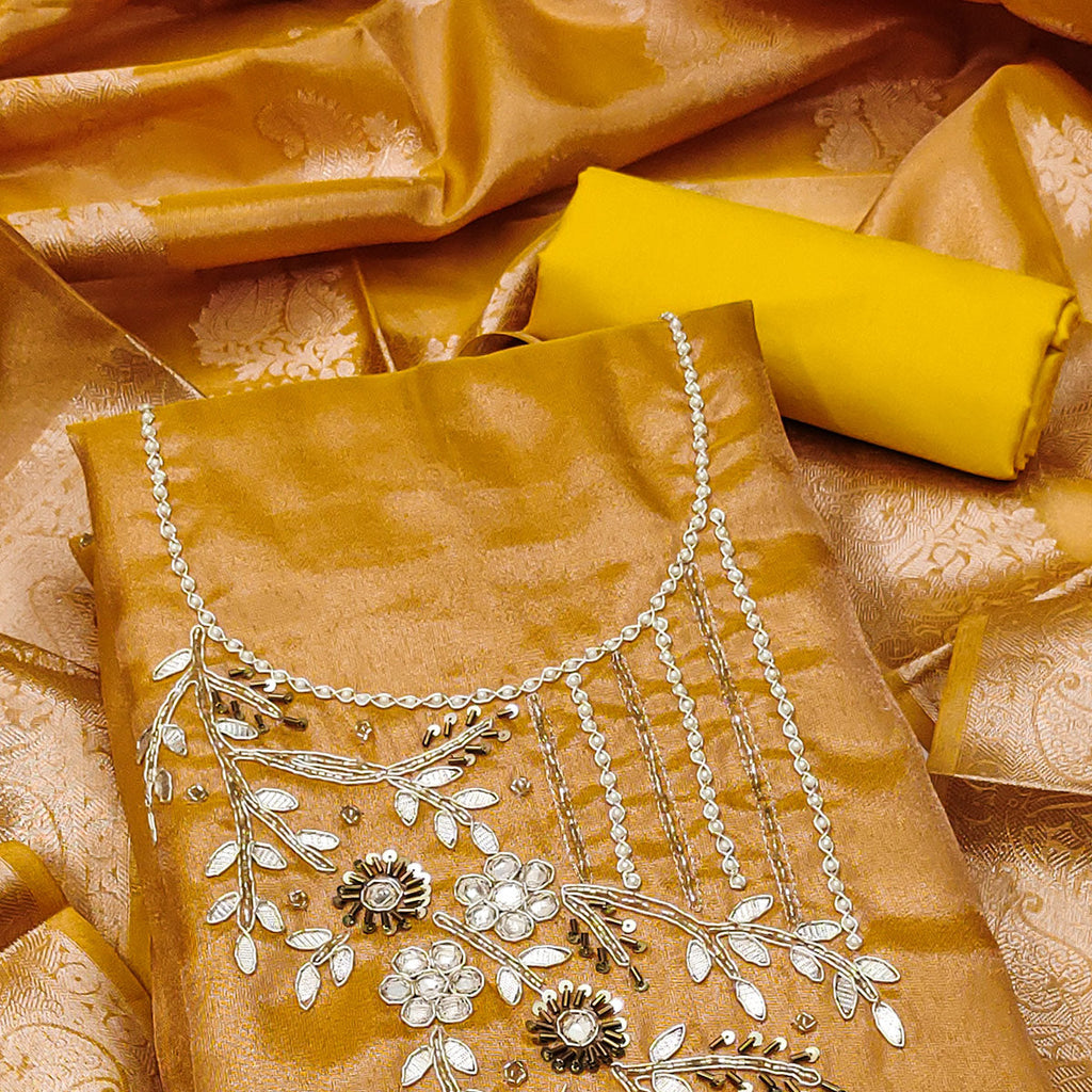 Mustard Floral Moti With Gota Patti Handwork Viscose Dress Material