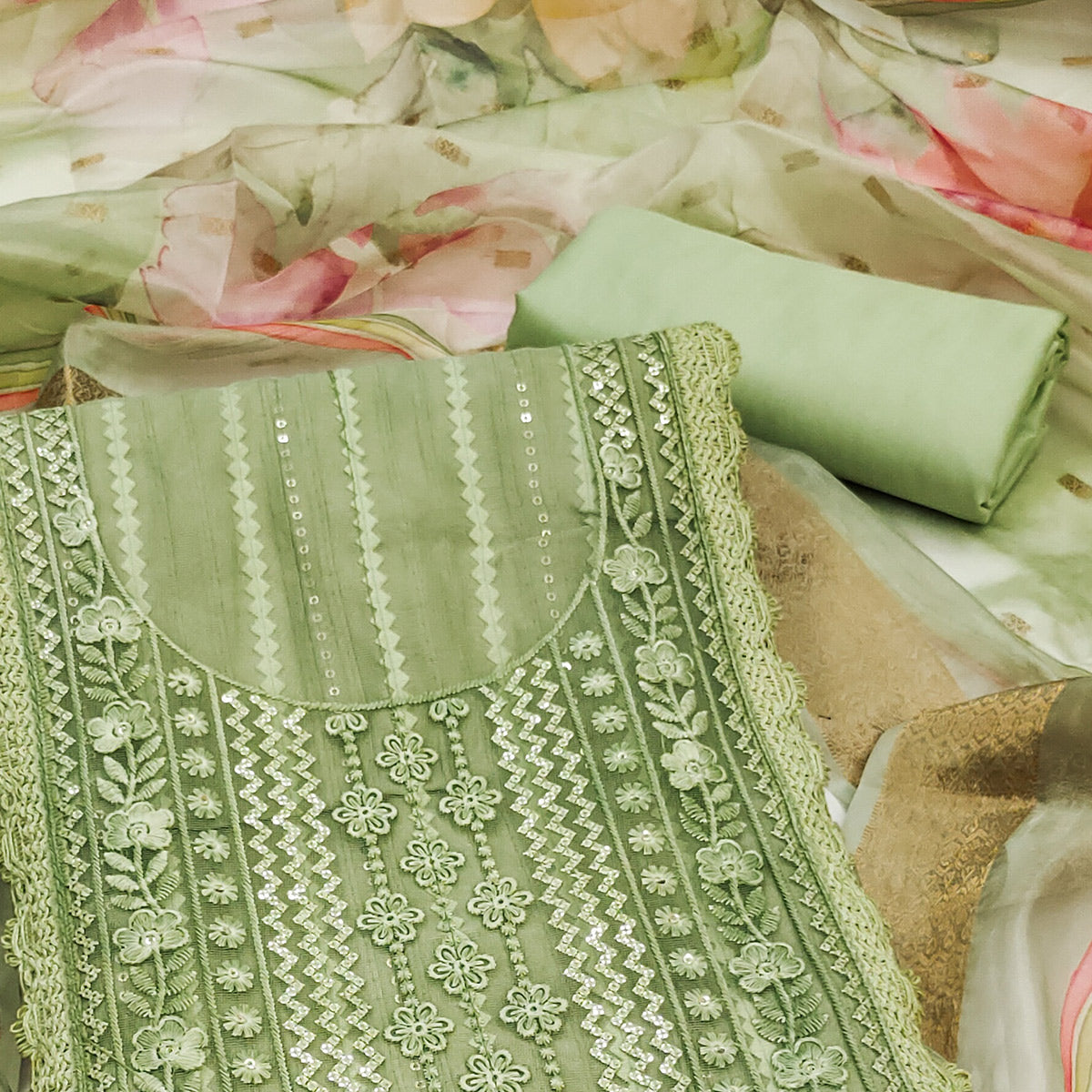 Green Floral Sequins Embroidered Cotton Silk Dress Material