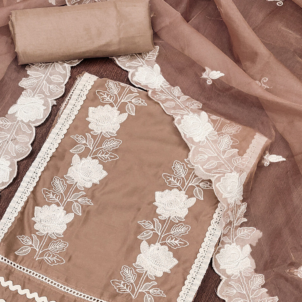 Light Brown Floral Embroidery With Stonework Organza Dress Material