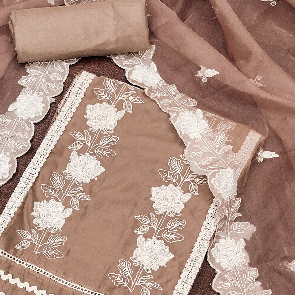 Light Brown Floral Embroidery With Stonework Organza Dress Material