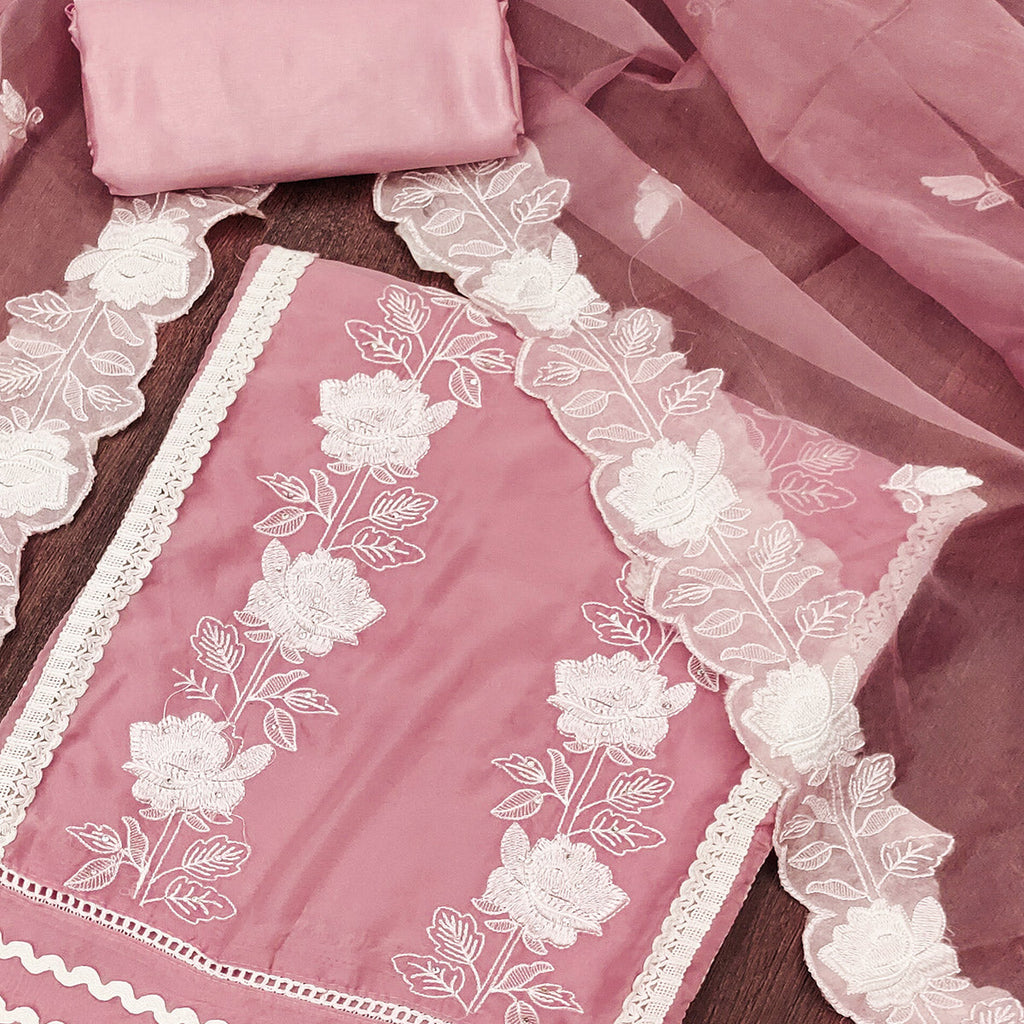 Onion Pink Floral Embroidery With Stonework Organza Dress Material