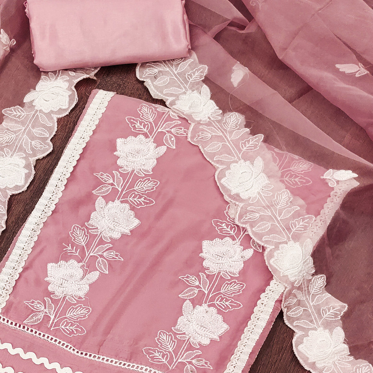 Onion Pink Floral Embroidery With Stonework Organza Dress Material
