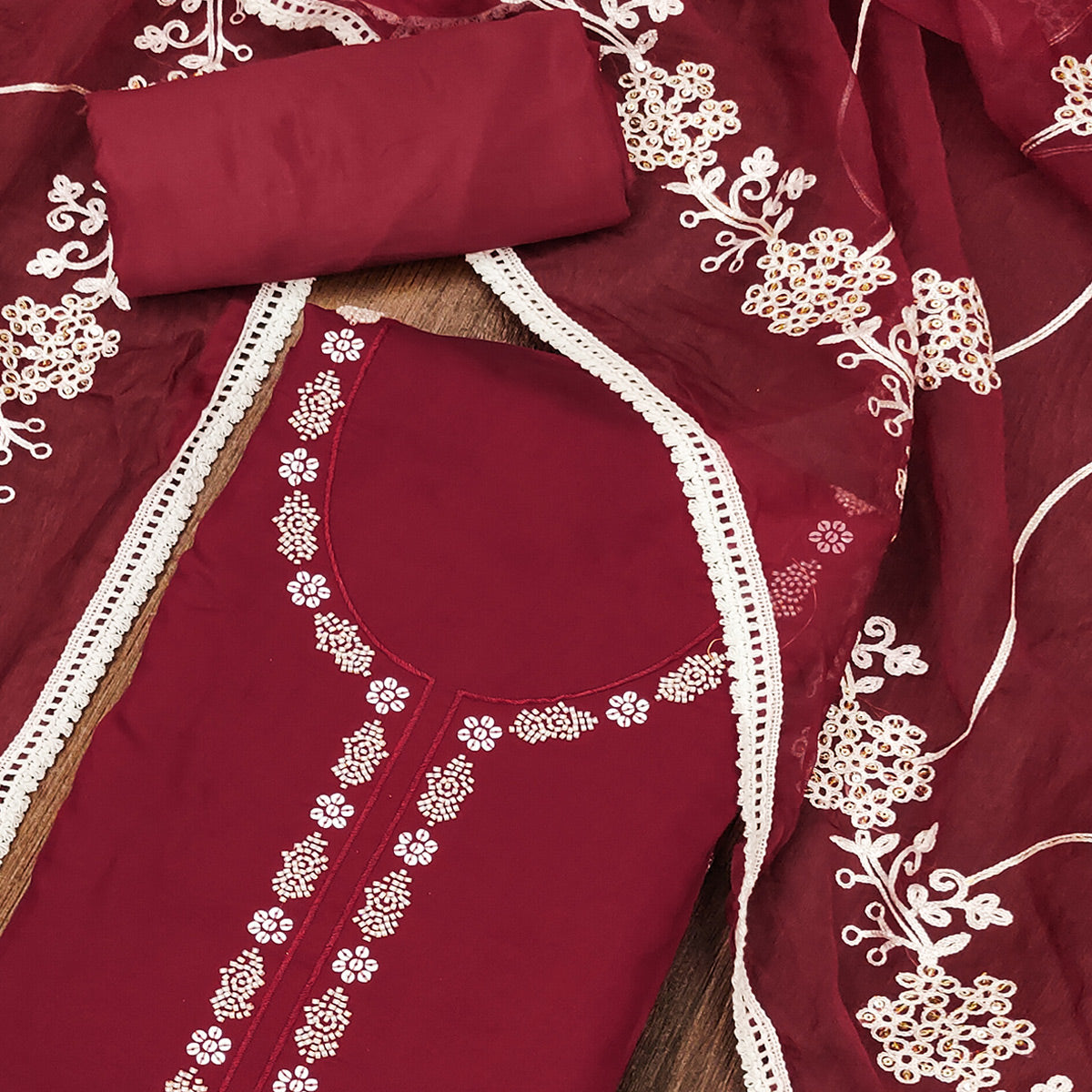 Maroon Floral Sequins Embroidery With Handwork Cotton Silk Dress Material