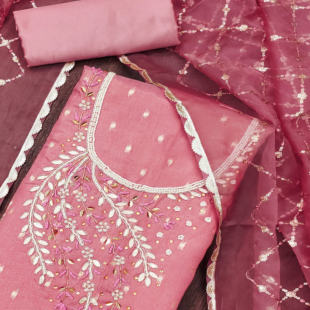 Gajari Pink Woven With Handwork Shimmer Banarasi Silk Material Material