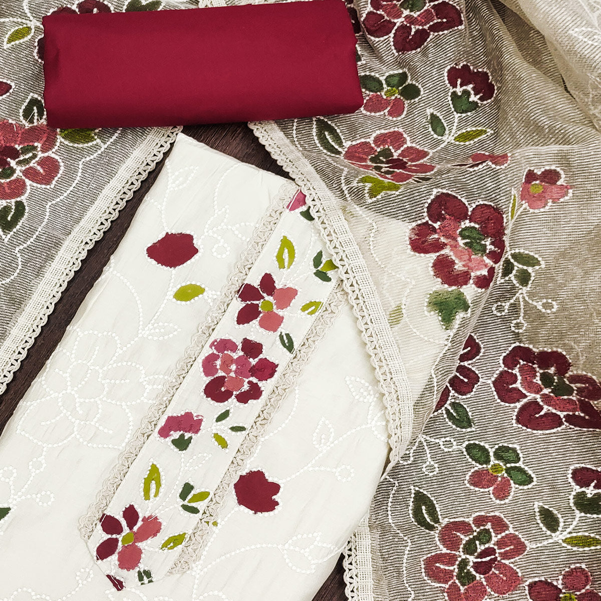 Offwhite & Maroon Floral Embroidery With Printed Roman Cotton Silk Material Material