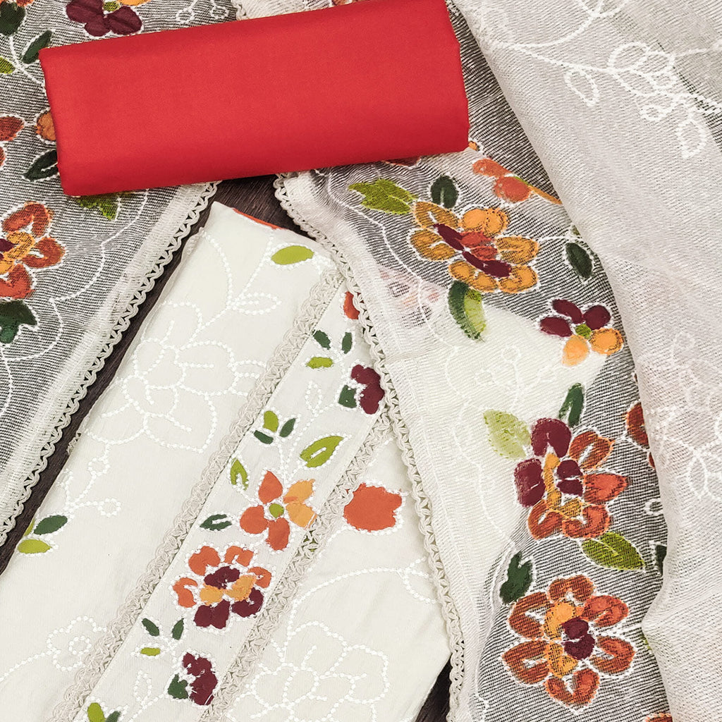Offwhite & Orange Floral Embroidery With Printed Roman Cotton Silk Material Material
