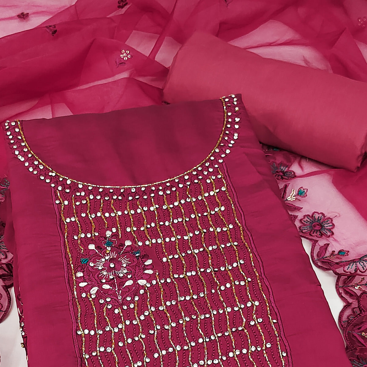 Magenta Floral Embroidery With Stonework Cotton Silk Dress Material