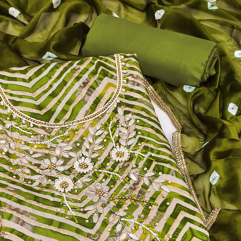 Green Zig Zag Printed With Floral Handwork Roman Cotton Silk Dress Material