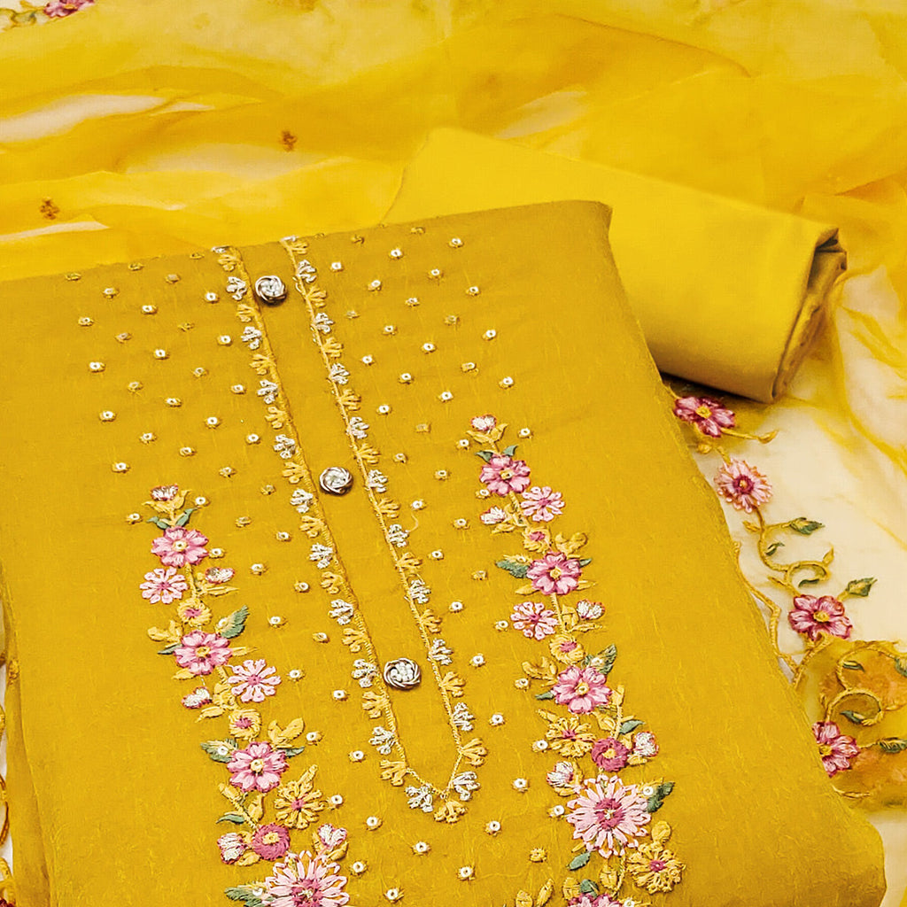 Mustard Floral Sequins Embroidered Viscose Dress Material