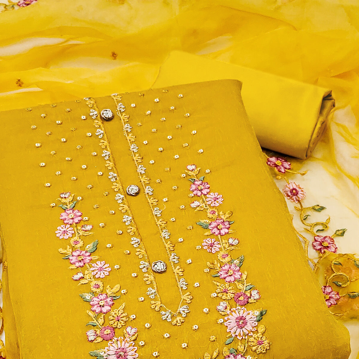 Mustard Floral Sequins Embroidered Viscose Dress Material