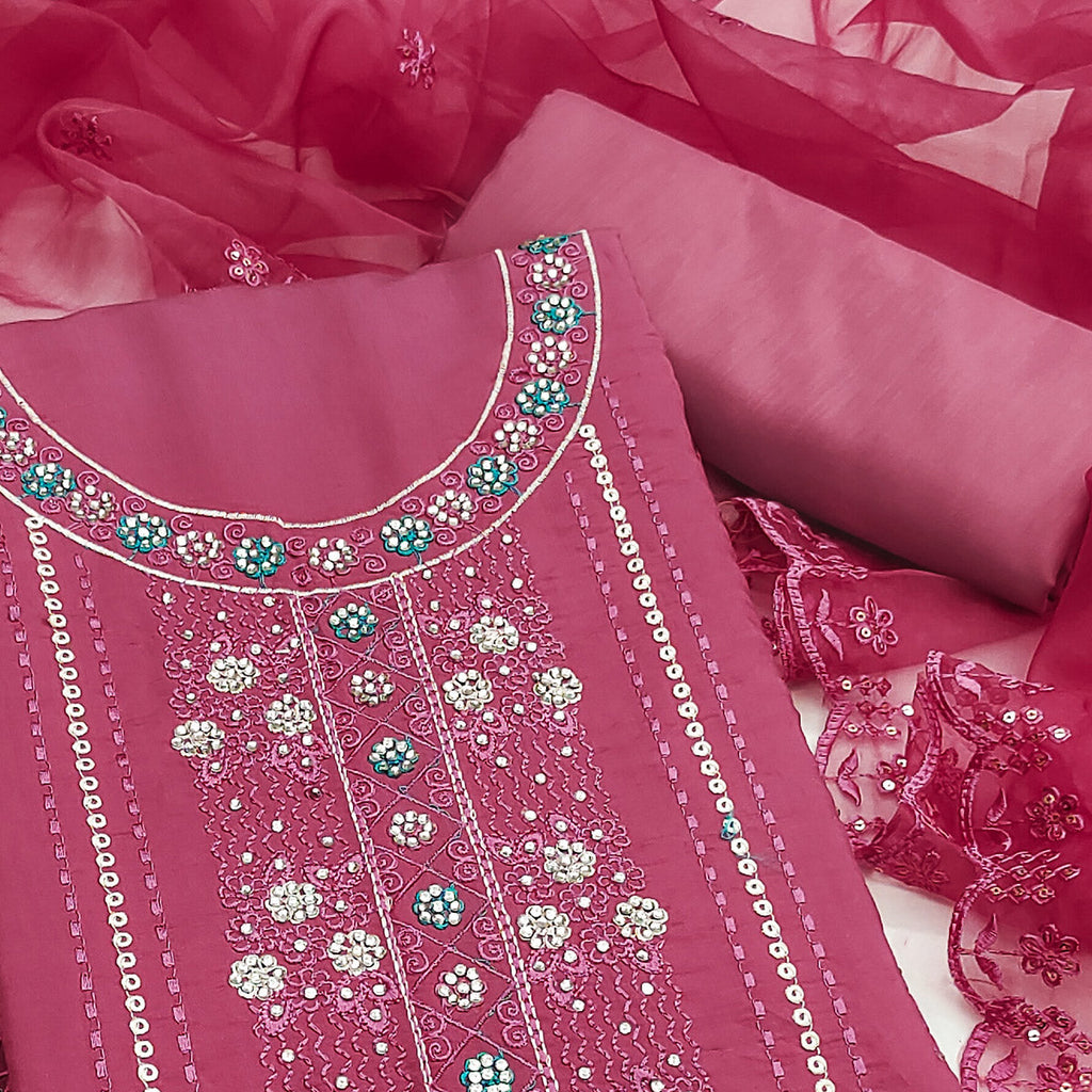 Pink Floral Embroidery With Stonework Roman Cotton Silk Dress Material