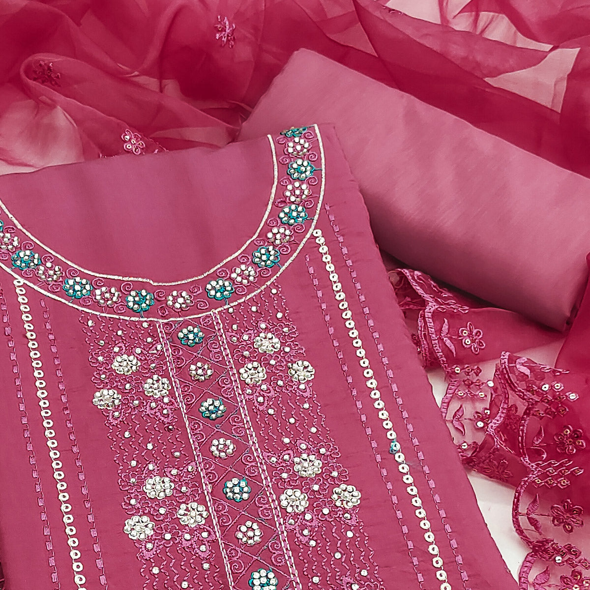 Pink Floral Embroidery With Stonework Roman Cotton Silk Dress Material