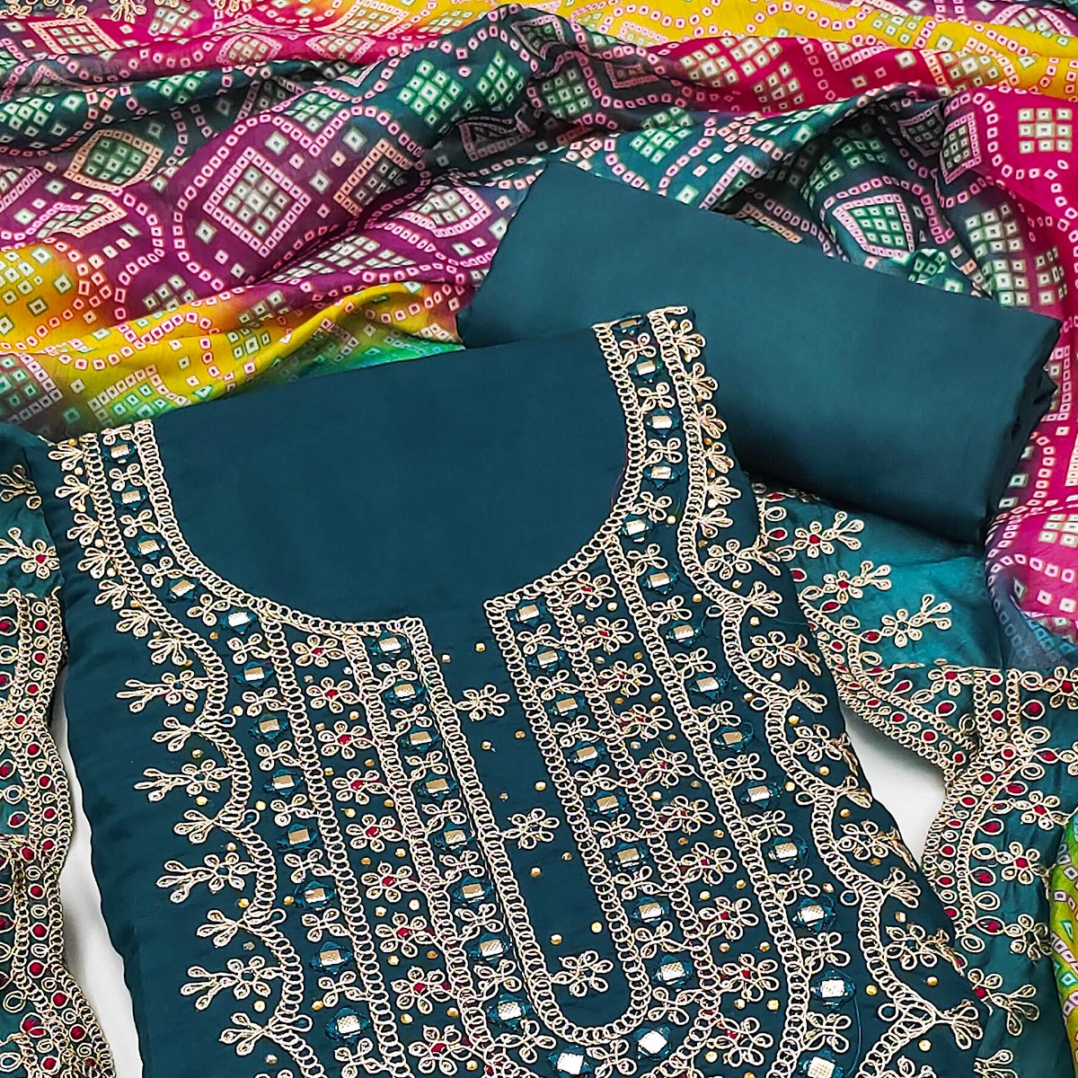 Morpich Floral Embroidery With Stonework Roman Cotton Silk Dress Material