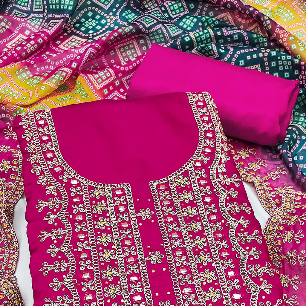 Pink Floral Embroidery With Stonework Roman Cotton Silk Dress Material