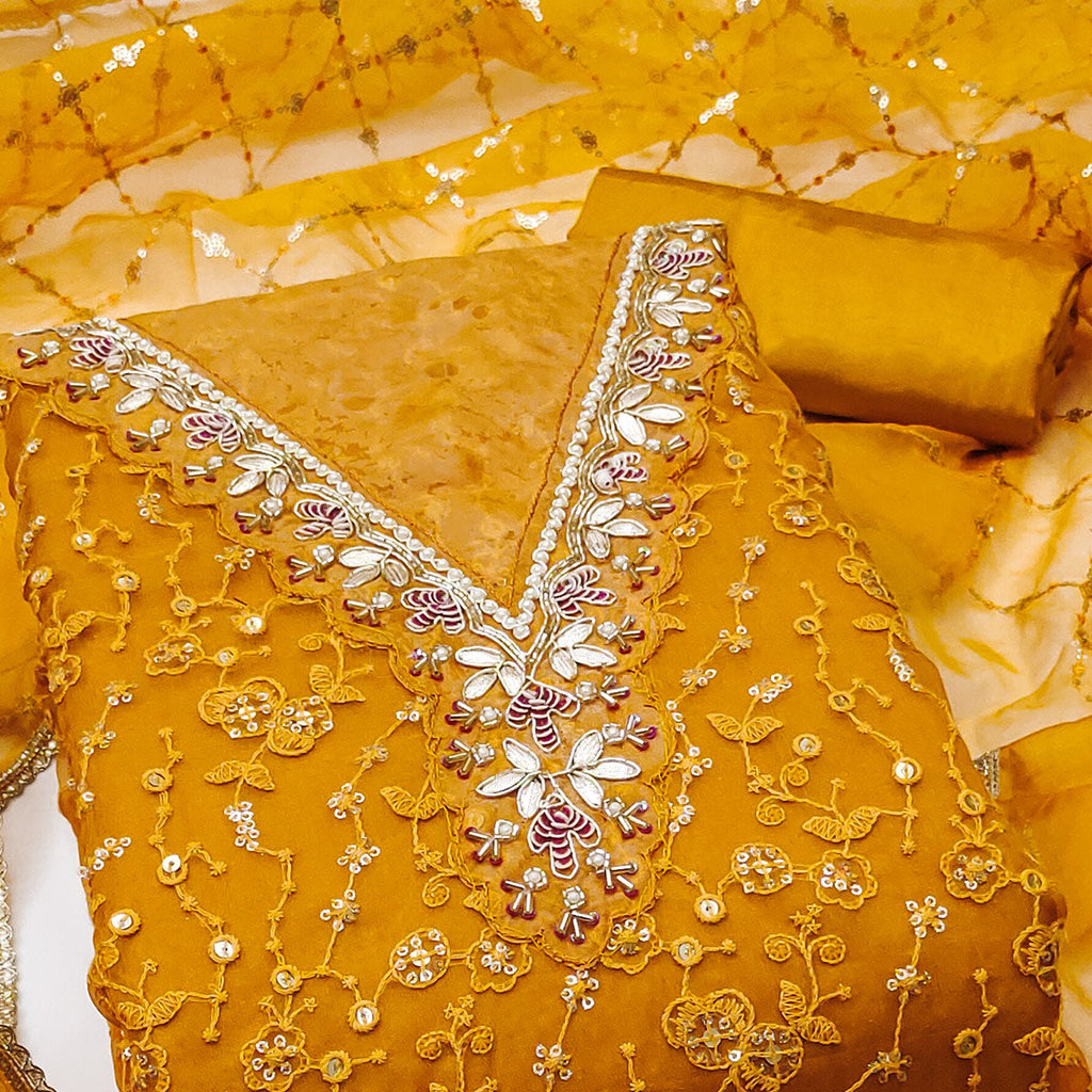 Mustard Floral Sequins Embroidery With Handwork Organza Dress Material