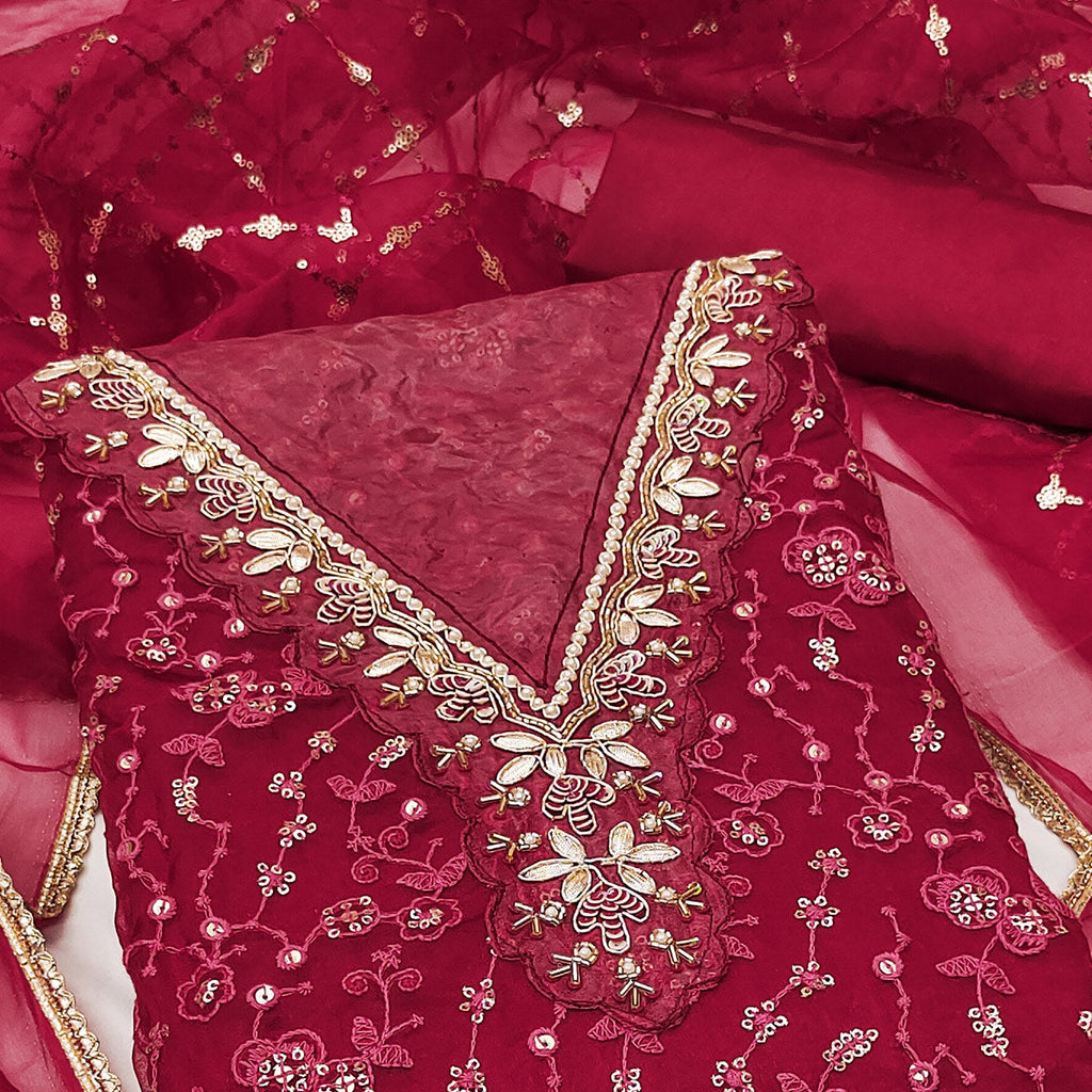 Pink Floral Sequins Embroidery With Handwork Organza Dress Material
