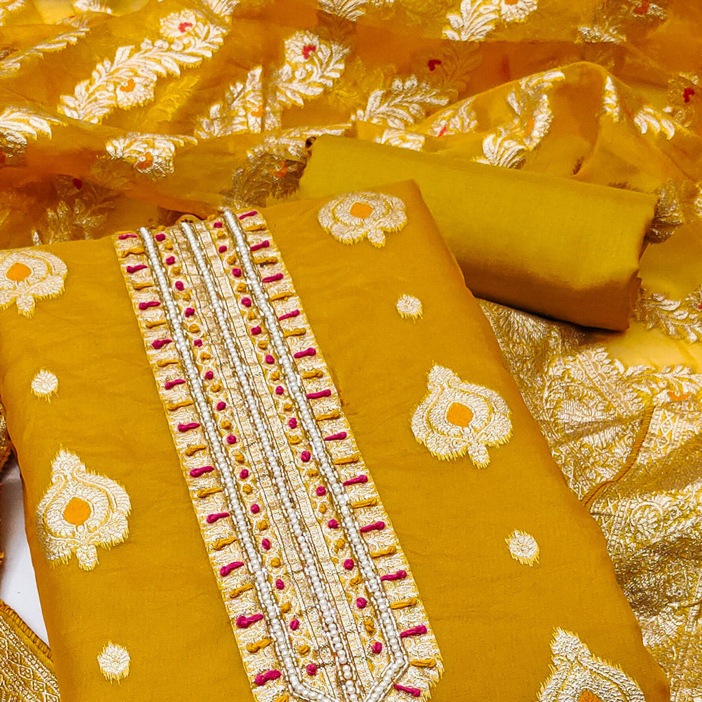 Mustard Woven With Handwork Organza Banarasi Dress Material