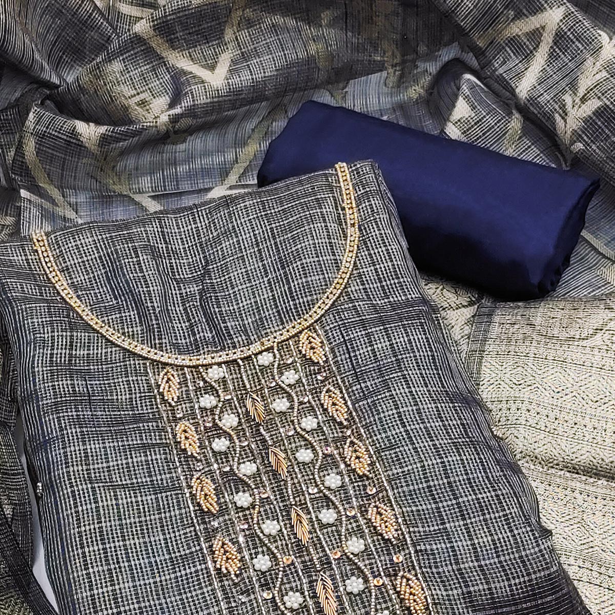 Blue Floral Handwork With Woven Viscose Dress Material