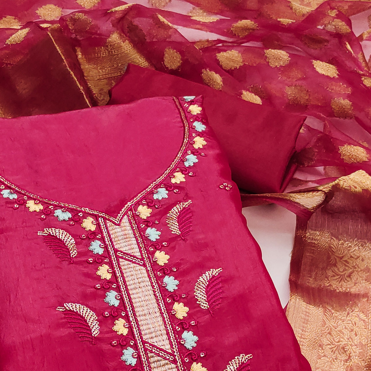 Pink Floral Sequins Embroidered Viscose Dress Material