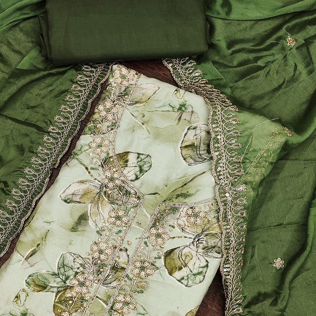 Green Floral Printed With Handwork Pure Cotton Dress Material