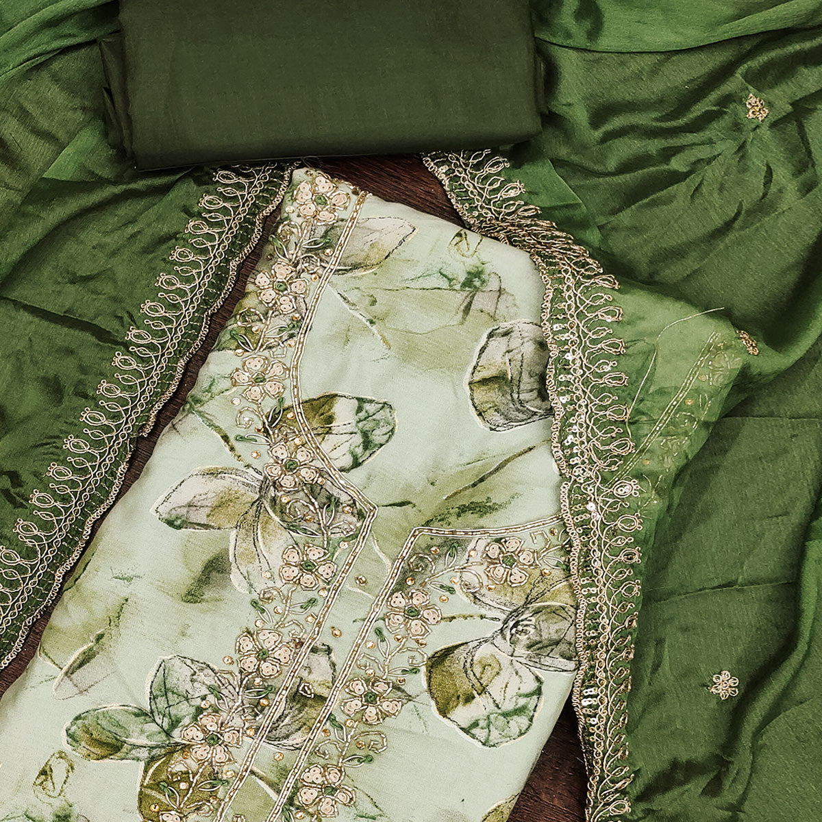 Green Floral Printed With Handwork Pure Cotton Dress Material