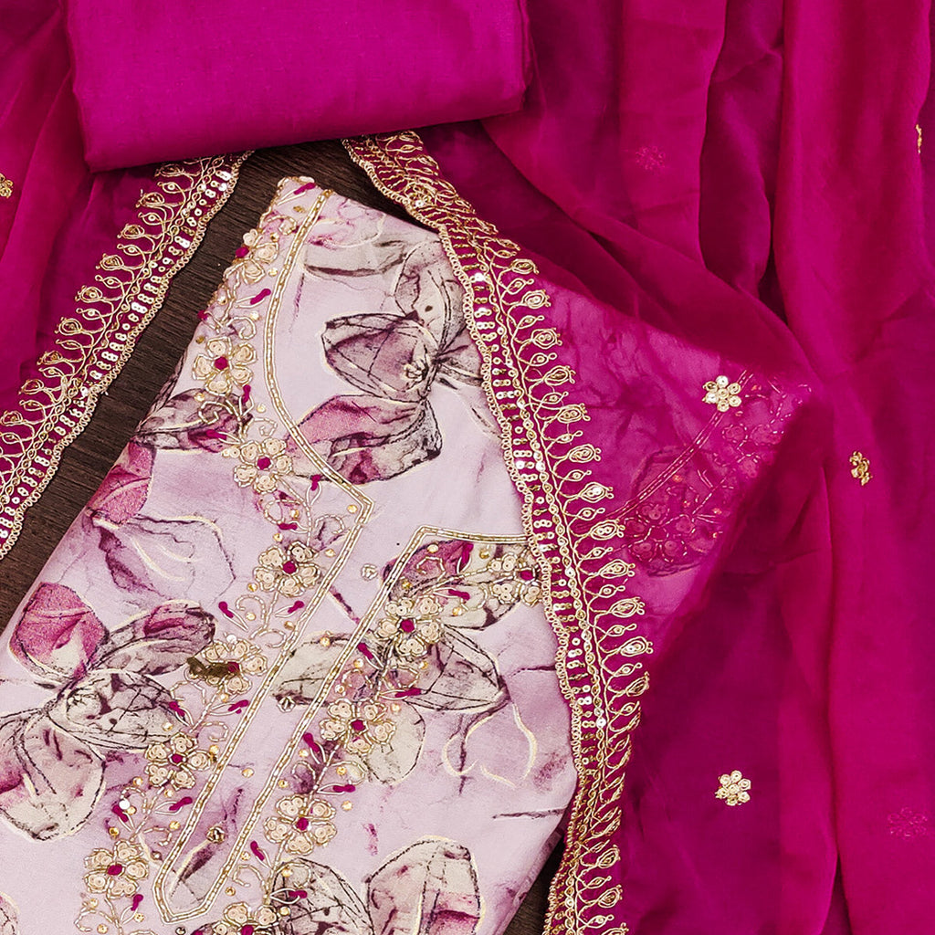 3Pink Floral Printed With Handwork Pure Cotton Dress Material