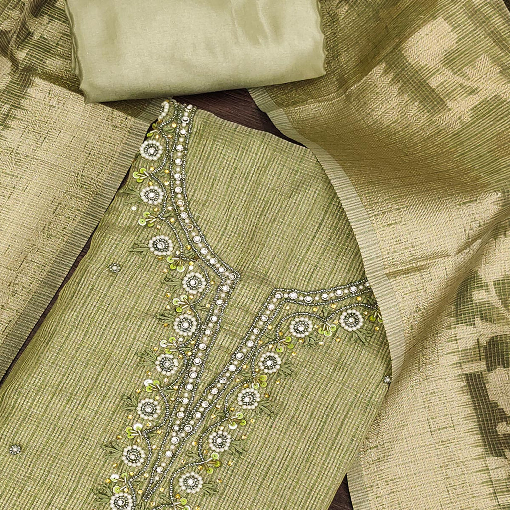 Green Woven With Moti Handwork Viscose Dress Material