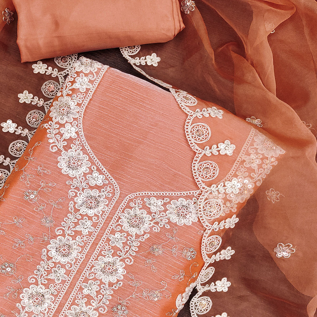 Peach Floral Sequins Embroidered Viscose Golden Crush Dress Material