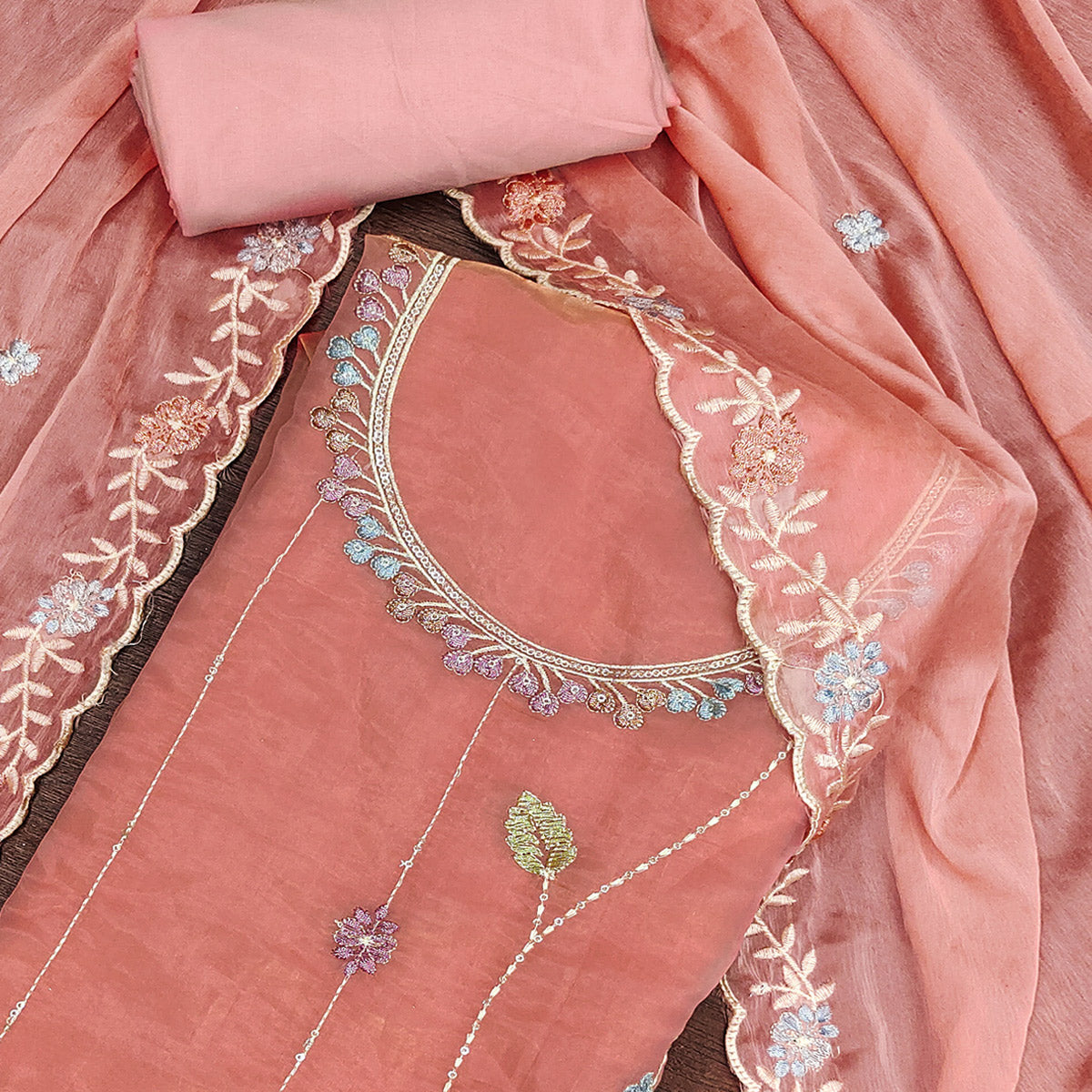 Peach Floral Sequins Embroidered Viscose Golden Crush Dress Material