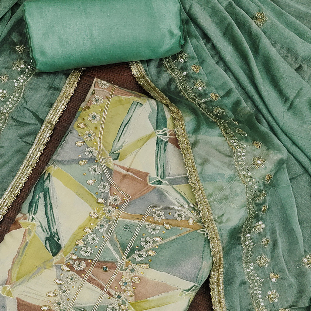 Green Geometric Digital Printed With Handwork Roman Cotton Silk Dress Material