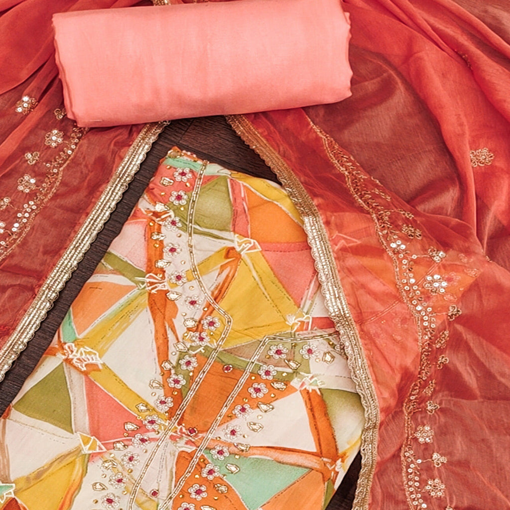 Peach Geometric Digital Printed With Handwork Roman Cotton Silk Dress Material