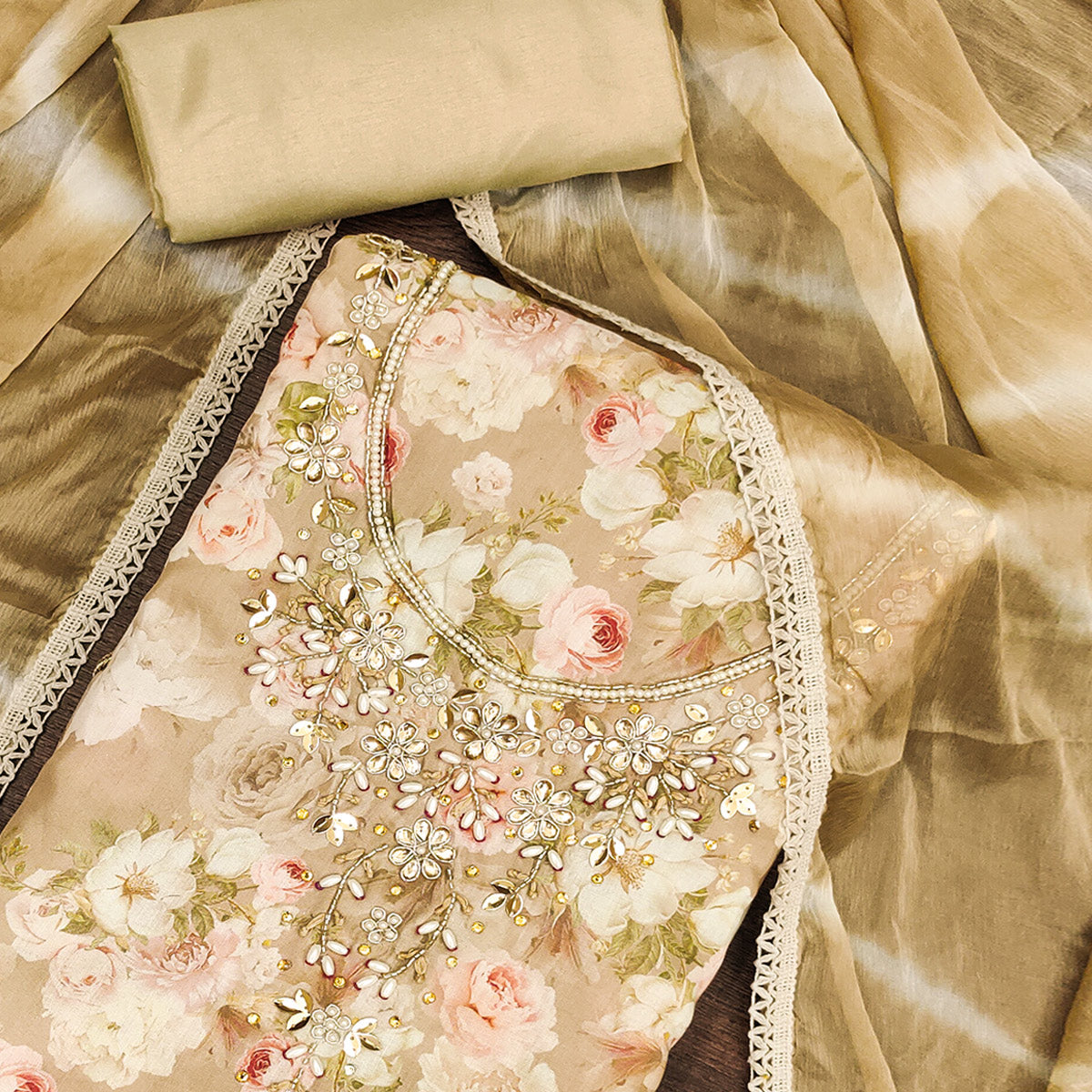 Chikoo Floral Digital Printed With Handwork Muslin Dress Material