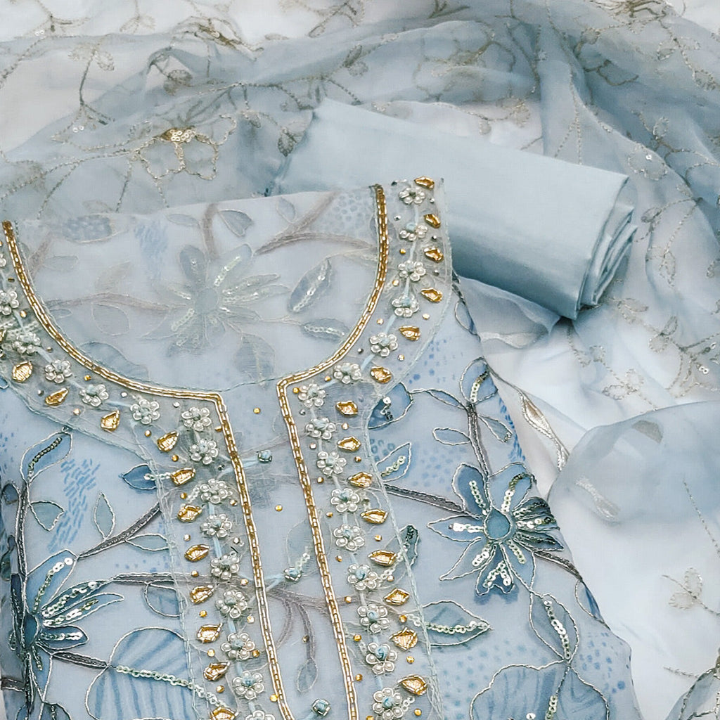 Blue Floral Sequins Embroidery With Handwork Organza Dress Material