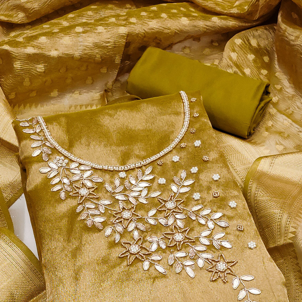 Dark Mustard Floral Moti & Gota Patti Handwork Viscose Dress Material