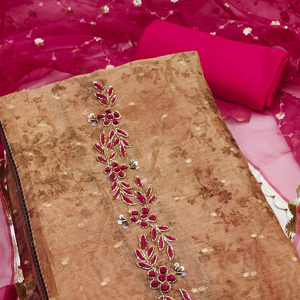 Brown Floral Printed With Handwork Shimmer Viscose Dress Material