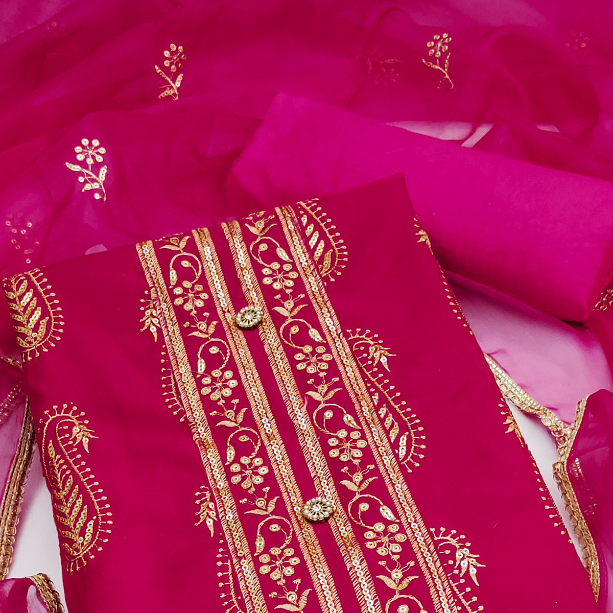 Pink Floral Sequins Embroidered Cotton Silk Dress Material