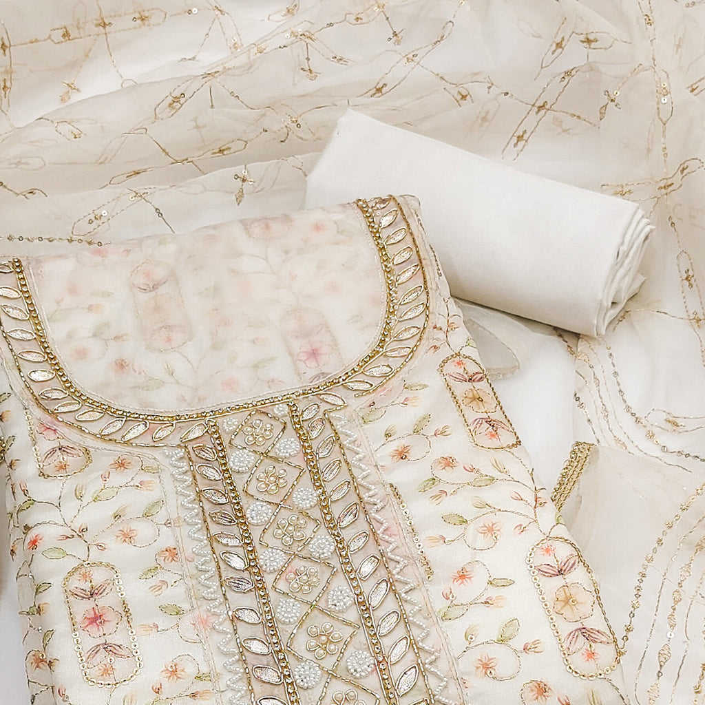 Offwhite Floral Sequins Embroidery With Handwork Viscose Dress Material